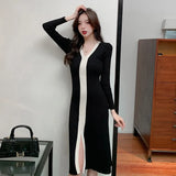Zingj And Winter V-Neck Collision Color Sweater Skirt Over Knee Waist Slim To Show Thin French Slit Knitted Skirt Women's Medium And Long