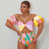Piece Swimsuit 2021 Sexy Colorful Plaid Swimwear Women Swimsuit Hollow Out Bathing Suit Beachwear Short Sleeve