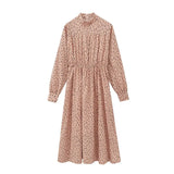 Dress 2021 Women Dress Midi Dress Long Sleeve Print O Neck Elastic Waist With Zipper Korean Fashion