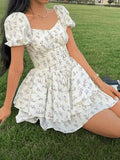 Puff Sleeve Floral Corset Mini Dress-Outfit