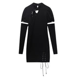 Vintage Black Dress Cheongsam Collar Hollow Out Puff Short Sleeve Casual Fashion High Waist Slit Short Skirt Ladies