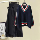 Zingj Women Winter Patchwork Long Sleeve Knitted Tops + Asymmetric Skirt 2 Piece Suit Female Party Elegant Two Piece Set 102-1-Outfit