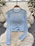 Letter Beadings Women Blouse O Neck Long Sleeves 2023 Autumn Fashion Senior Streetwear Hotsweet T Shirt Sheer Y2K