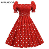 Polka Dot Party Dress Elegant Women Summer Puff Short Sleeve Square Collar Elastic Waist Vintage Midi Sundress Casual