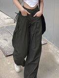 Grey Cargo Pants Korean Fashion Lace Up Pocket Low Rise Casual Pants Women Streetwear Sweatpants y2k Aesthetic