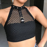 Sexy Backless Women Tank Top Sleeveless Halter Black Mesh Crop Tops Tees Shirt Cotton Fitness Harajuku Cropped