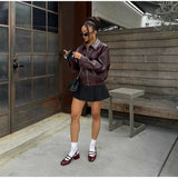 Burgundy Pu Leather Zipper Biker Jacket- Outfit