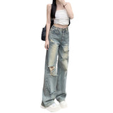 Zingj Waist Adjustable Ripped Jeans Women's Summer 2023 Thin Style Retro Loose Straight Leg Wide-Leg
