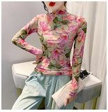 S-4XL Spring Autumn High Neck Mesh Long T-shirts Fairy Lady Long Sleeve Printed Floral T Shirt Women Slim Tops