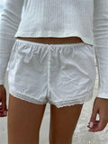 Women Summer Loose Casual Shorts Solid Color Elastic Waist Lace Trim Lounge Short Pants Party Beach Streetwear