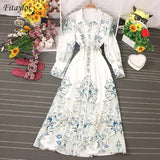 2021 Spring Women New Print Blouses Maxi Dres Chic Streetwear Long dress Robe Long Sleeve Single Breasted A-line