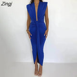 Sexy Deep V-neck Pleated Women Dress Blue Side Split High Waist Elegant Dress Female Summer Bandage Slim Party