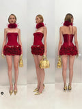 Three-Dimensional Flower Sexy Strapping Bra Two Sets Of Tight Floral Skirt Ultra-Short Skirt Dinner Skirt