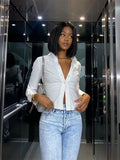 V Neck White Long Sleeve T Shirts Women Elegant Ruched 2021 Autumn Winter Green Sexy Crop Top Casual Y2K Fashion