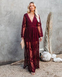 Queens Vintage Women V-neck Long Sleeve Ruffles Bohemian Beach Maxi Dress Ladies Chiffon Lace Hollow Out Boho