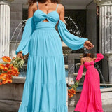 Off Shoulder Long Dress Women 2024 Summer Hollow Out Party Dresses Elegant Slim Printed Maxi Vestidos Holiday Beach