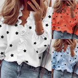 Spring Autumn Sexy Deep V Neck Women Blouses Shirt Fashion Suffles Five Pointed Star Print Office LadiesTops Plus