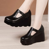 Heel Slope Shallow Mouth Single Shoes 2023 Autumn New Muffin Thick Bottom Waterproof Table Round Head Large Size Female Mother