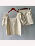 Cotton Shorts Sets Women 2022 Vintage Square Collar Puff Sleeve Tops High Waist Shorts 2 Piece Sets Womens