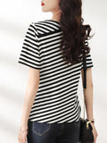 Thin Style 2025 New Retro-Collending V-Neck Striped Knitted Shirt Short-Sleeved T-Shirt Top For Women's
