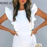 Women Elegant Solid Ruffle Straps Sleeveless Boot Cut Midriff Zipper Sexy White