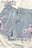 Style Pink Bow Lace-up Y2k Shorts Women Cross Bandagr Summer Harajuku Hotsweet Tassel Cute Embridery Zipper