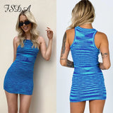 2021 V Neck Knitted Dress Bodycon Blue Women Halter Neck Backless Bandage Summer Beach Sleeveless Sexy Mini