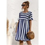 2021 Summer New Fashion O Neck Women's Dress Casual Loose Solid Short Sleeve Ruffle Patchwork Pocket Ladies Stripe