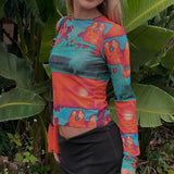 Tie Dye Print Long Sleeve Crop Top Mesh Women Autumn Summer 90s T Shirts Sexy Vintage Fashion Casual