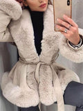 Fur Patchwork PU Leather Jacket Women Fashion Contrast Color Plush Collar Winter Warm Cardigan with Belt Outwear