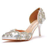Cm Golden Water Diamond Wedding Shoes Fine Heel Pointed Sandals Hollow Two-Siped Sandals Banquet Crystal