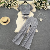 Zingj Socialite Style Suit Female Summer Lace Embroidery Hollow Out V Neck Tied Waist Short Shirt Jacket Wide Leg Slim