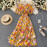 Zingj Typhoon Aesthetic Dress V Collar Lotus Leaf Edge High Waist Slim Skirt Sen Printed Fairy
