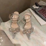 Zingj Summer Sandals Women's New Pointed Rhinestone Bow One Word Button Belt Sexy High Heel Plus Size Women's