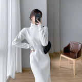 New Elegant Autumn Winter Turtleneck Basic Knitted Sweater Dress Office Lady Slim Clothes