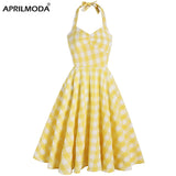 England Style Yellow Plaid Halter Women Party Dress Backless Retro Vintage 50s 60s Short Pin Up Swing Rockabilly