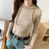 Hooded Long-Sleeved T-Shirt For Women In Autumn, The New Bottomed Shirt Is Slim, Slim, Short And