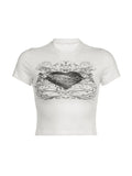 Vintage Heart Print Short Sleeves Tee-Outfit
