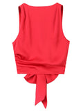 Women Fashion With Bow Solid Pleated Backless Cropped Tank Tops Vintage O-Neck Sleeveless Female Chic Lady
