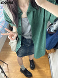 Summer Short Sleeve Plaid Loose Women Blouse Y2k Aesthetic All Match Single Breasted Blusas Fashion Harajuku Pocket