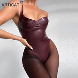 Sexy PU Leather Skinny Bodysuit Women Solid Sleeveless Spaghetti Strap Women Jumpsuits Sexy Night Party Club