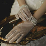 Women Wedding Bridal Short Gloves Net Full Finger See Through Wrist Length Costume Prom Party Gloves With