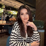 V-Neck Button-Up Stripe Winter Cardigan Women Casual Knitted Cardigans Sweater Vintage Long Sleeve Top Female