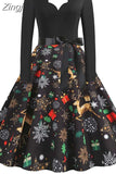 Women Christmas Party Dress Elegant Vinatge Long Sleeve Winter Sundress V Neck New Year Costume Clothing
