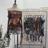 Real Shot Shoulder Strap Tie Dyed Net Shawl Shirt T-Shirt T-Shirt T-Shirt Design Folded Long-Sleeved T-Shirt