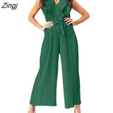 Ruffle V-Neck High Waist Pleated Jumpsuit Women Summer New 2022 Casual Loose Wide Leg Slim Fit Sexy Solid Lace-up