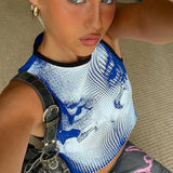 Gothic Harajuku Grunge Mini Vest E-girl Graphic Print Tank Top Y2K Women Summer Sleeveless O Neck Crop Top