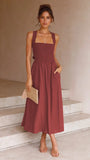 Zingj 2023 Sexy Outback Solid Color Cotton And Linen Collar Sling Dress