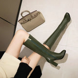 Black Women Knee High Boots PU Leather Pointed Toe Long Boots Ladies Square High Heel Autumn Winter Zipper Women's