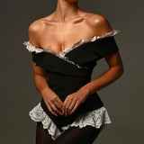 Black Lace Trim Off -Shoulder Bodysuit- Outfit